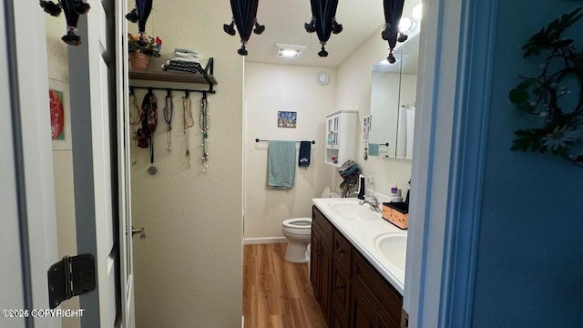 17225 Kimeluk St, Ninilchik, AK 99639 - bathroom featuring double vanity, wood finished floors, a sink, baseboards, and toilet