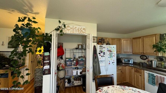 17225 Kimeluk St, Ninilchik, AK 99639 - kitchen featuring wood finished floors, a toaster, dark countertops, dishwashing machine, and white refrigerator with ice dispenser