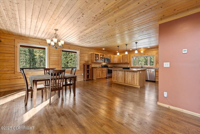 dining room featuring wood ceiling, a wealth of natural light, dark wood-type flooring, and a notable chandelier