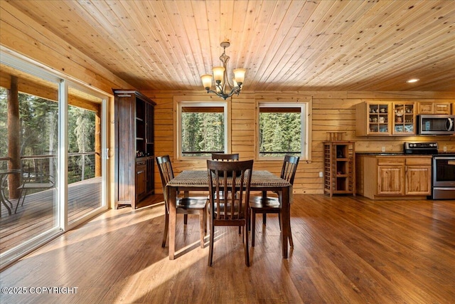 dining space featuring dark wood-type flooring, wood walls, a chandelier, and wooden ceiling