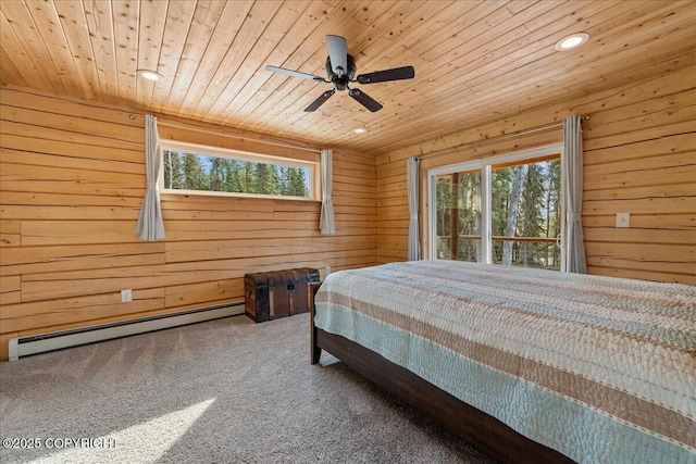 bedroom featuring wooden walls, wooden ceiling, and baseboard heating