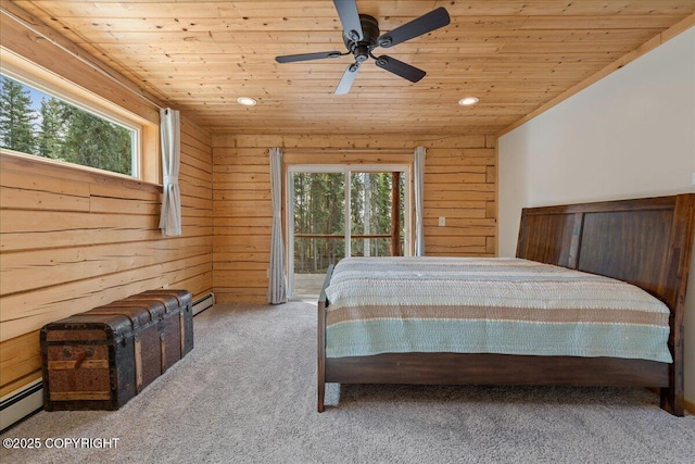 carpeted bedroom with recessed lighting, wood ceiling, baseboard heating, and access to exterior