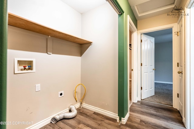 washroom with wood finished floors, washer hookup, electric dryer hookup, baseboards, and attic access