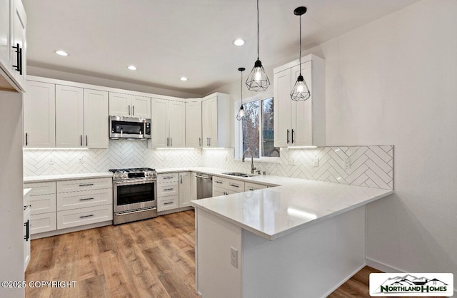 1205 N Williwaw Way, Wasilla, AK 99654 - kitchen with a peninsula, light wood-style floors, white cabinetry, a sink, and stainless steel appliances