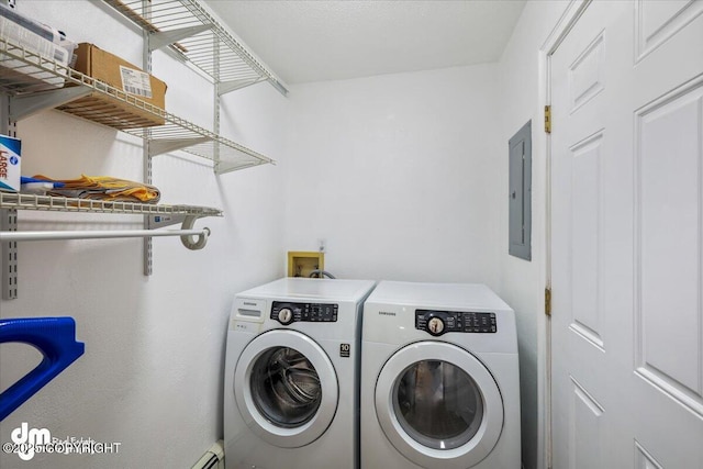 clothes washing area with separate washer and dryer, laundry area, and electric panel