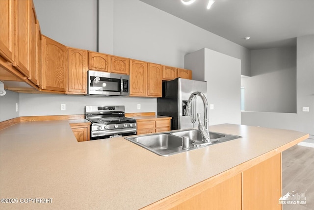 kitchen featuring appliances with stainless steel finishes, a sink, light wood finished floors, light countertops, and baseboards
