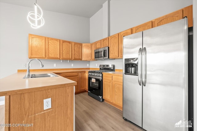 kitchen featuring a sink, light countertops, a peninsula, stainless steel appliances, and light wood-style flooring
