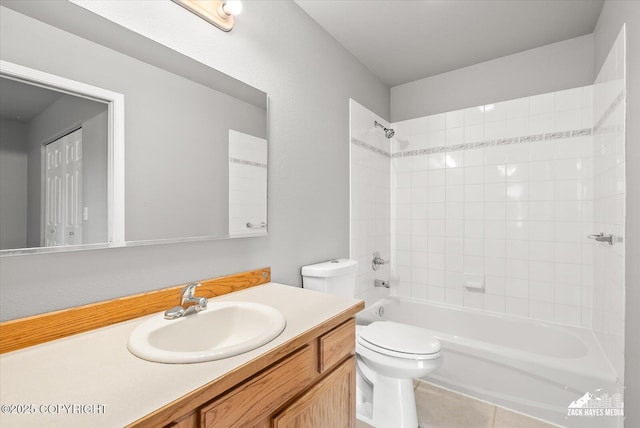 bathroom with toilet, tile patterned floors, shower / bathing tub combination, and vanity