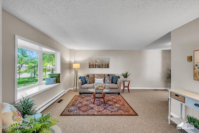 3294 Montpelier Ct # 12-E, Anchorage, AK 99503 - carpeted living area with baseboard heating, a textured ceiling, and baseboards