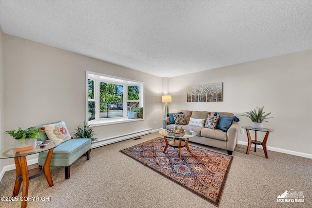 3294 Montpelier Ct # 12-E, Anchorage, AK 99503 - carpeted living room featuring a baseboard radiator, a textured ceiling, and baseboards