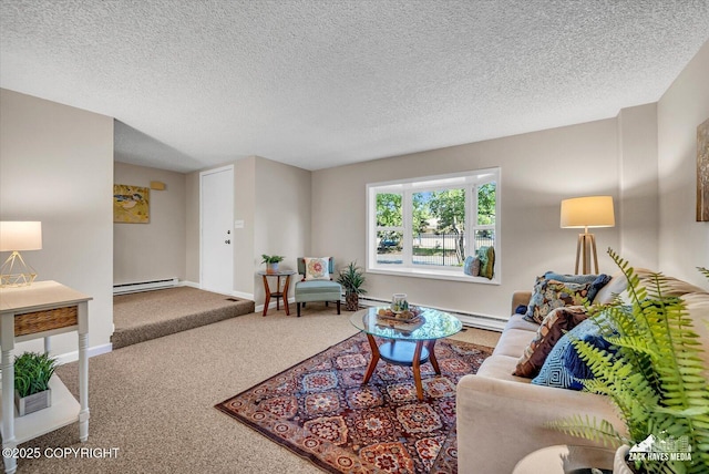3294 Montpelier Ct # 12-E, Anchorage, AK 99503 - living room featuring a baseboard radiator, carpet flooring, baseboards, and a textured ceiling