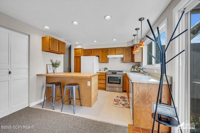 3294 Montpelier Ct # 12-E, Anchorage, AK 99503 - kitchen featuring stainless steel range with electric stovetop, freestanding refrigerator, a sink, a peninsula, and light countertops