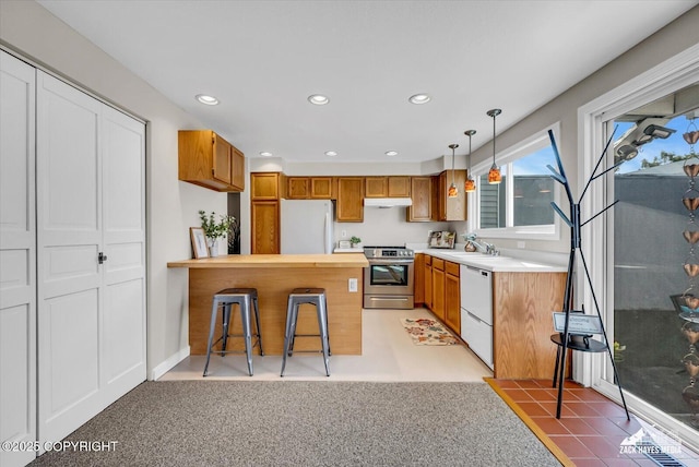 3294 Montpelier Ct # 12-E, Anchorage, AK 99503 - kitchen featuring white appliances, a peninsula, under cabinet range hood, light countertops, and recessed lighting