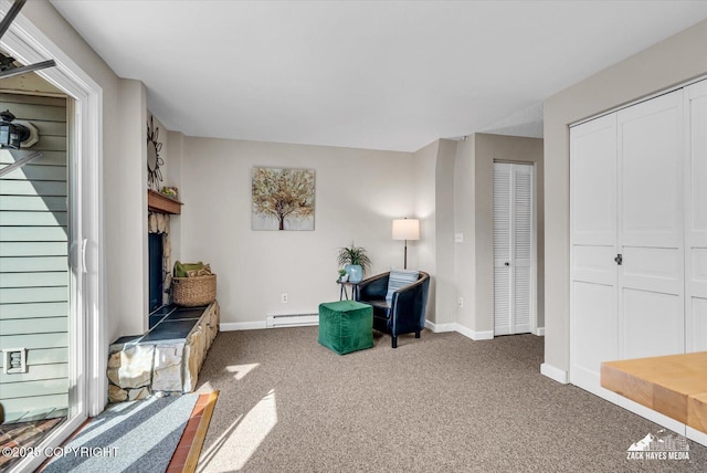 3294 Montpelier Ct # 12-E, Anchorage, AK 99503 - living area with a baseboard heating unit, carpet, baseboards, and a fireplace with raised hearth