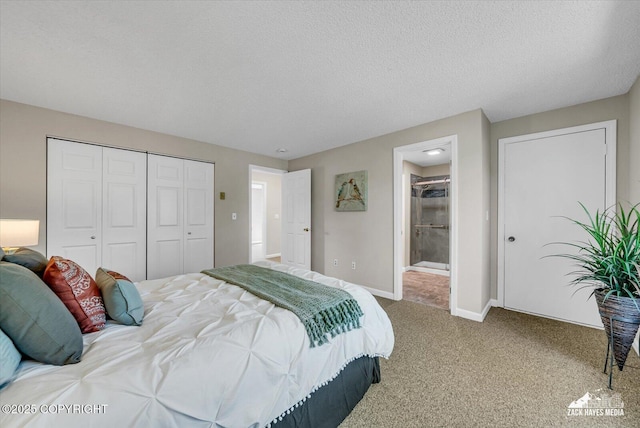 3294 Montpelier Ct # 12-E, Anchorage, AK 99503 - bedroom with a closet, baseboards, carpet, a textured ceiling, and connected bathroom