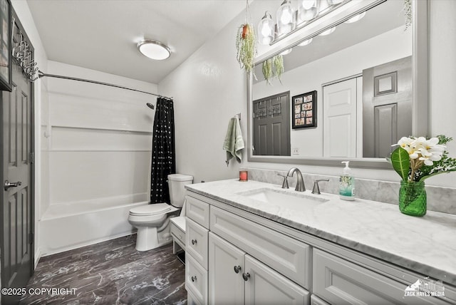 full bathroom with toilet, shower / bathtub combination with curtain, and vanity