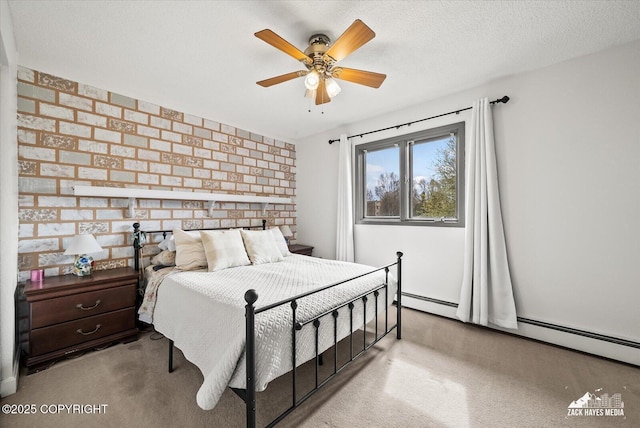 carpeted bedroom with a ceiling fan and baseboard heating