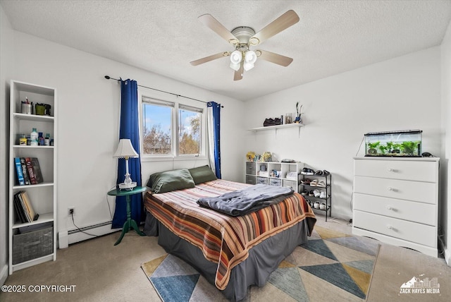 bedroom with a baseboard radiator, light carpet, a ceiling fan, and a textured ceiling