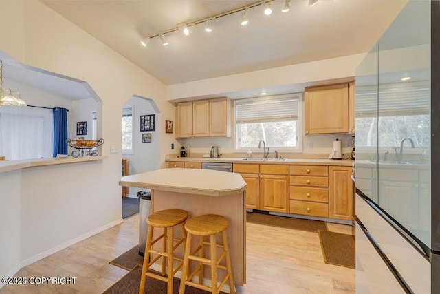 kitchen with light brown cabinetry, a sink, rail lighting, lofted ceiling, and light wood-style flooring
