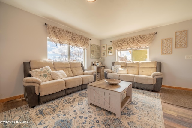 living area featuring wood finished floors and baseboards