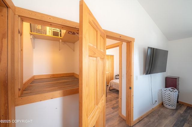 spacious closet with wood finished floors and lofted ceiling