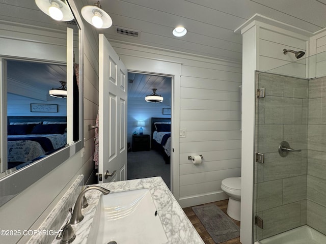 ensuite bathroom featuring toilet, a shower stall, ensuite bathroom, and vanity