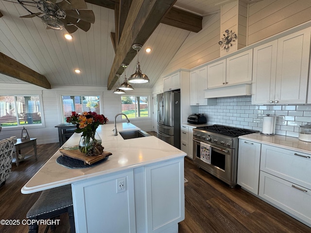 kitchen featuring a sink, appliances with stainless steel finishes, extractor fan, and dark wood-type flooring