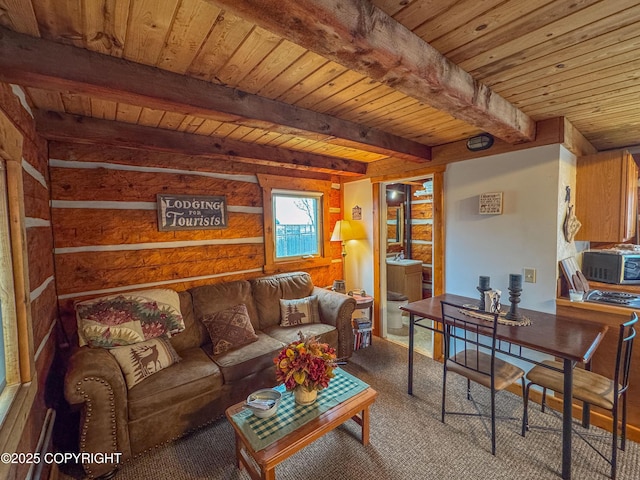 carpeted living room with wooden ceiling and beam ceiling