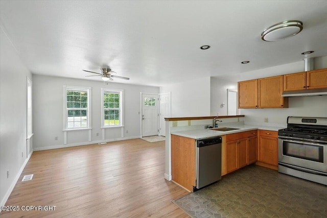 6132 S Northern Lights St, Wasilla, AK 99623 - kitchen featuring appliances with stainless steel finishes, wood finished floors, a peninsula, light countertops, and ceiling fan