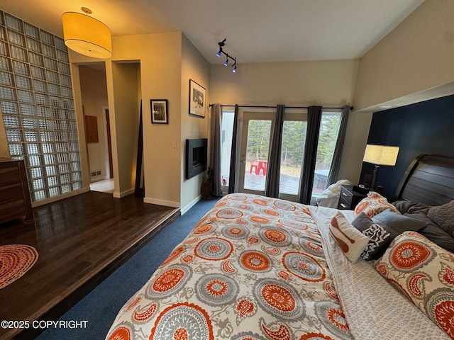 bedroom featuring track lighting, dark carpet, baseboards, dark wood-type flooring, and access to outside