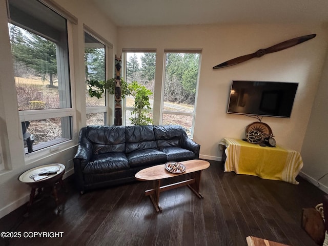 living room featuring baseboards and dark wood finished floors