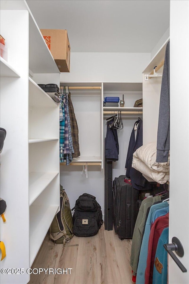 walk in closet with wood finished floors