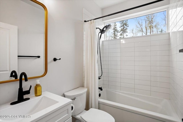 full bath featuring vanity, shower / bathtub combination with curtain, a healthy amount of sunlight, and toilet