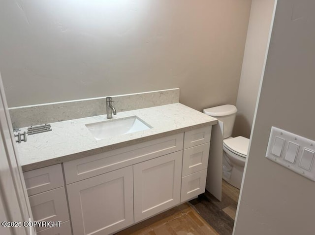 bathroom with toilet, vanity, and wood finished floors