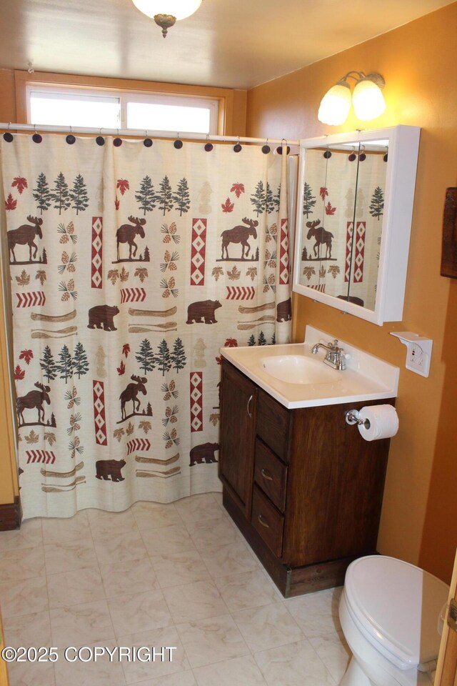 full bath featuring plenty of natural light, a shower with shower curtain, toilet, and vanity
