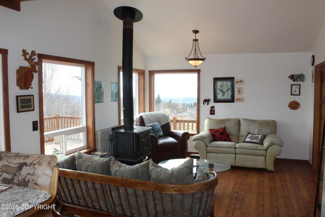living area with a wood stove, lofted ceiling, and wood finished floors