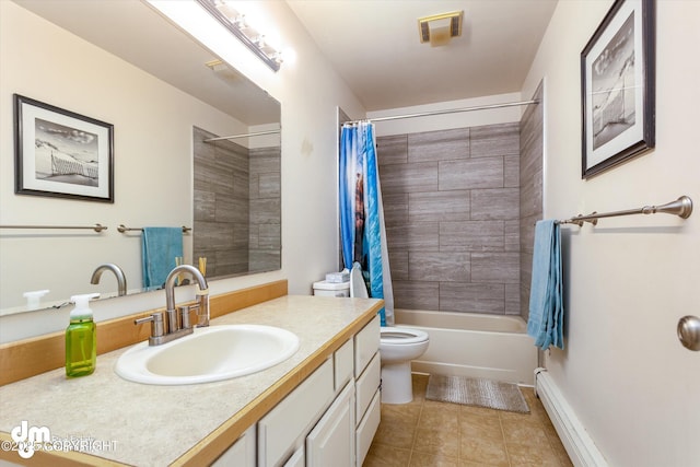 full bathroom featuring vanity, toilet, tile patterned floors, shower / bath combo with shower curtain, and visible vents