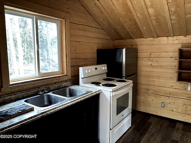 kitchen with lofted ceiling, wooden walls, a healthy amount of sunlight, and electric range