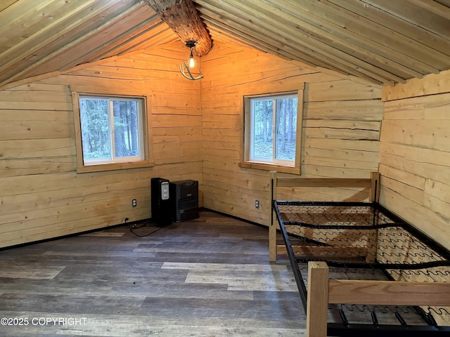 bonus room with vaulted ceiling, wood walls, a wealth of natural light, and wood finished floors