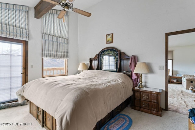 23675 Glacier View Dr, Eagle River, AK 99577 - bedroom featuring ceiling fan, light carpet, and beamed ceiling