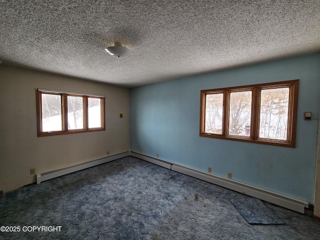 empty room featuring carpet flooring, a textured ceiling, and baseboard heating
