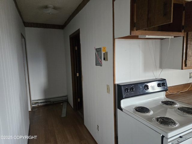 kitchen featuring white range with electric stovetop and dark wood-style floors