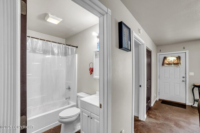 full bath featuring vanity, concrete floors, shower / bathtub combination with curtain, and toilet