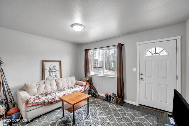 living area with dark colored carpet, a textured ceiling, baseboards, and a wealth of natural light