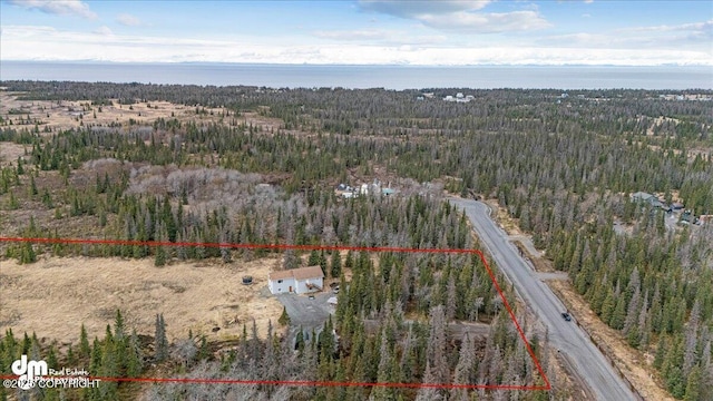 drone / aerial view featuring a forest view