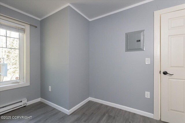1369 Morning Glory Loop, North Pole, AK 99705 - spare room featuring a baseboard heating unit, electric panel, ornamental molding, dark wood-style flooring, and baseboards