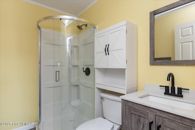 1369 Morning Glory Loop, North Pole, AK 99705 - bathroom with a shower stall, toilet, crown molding, and vanity