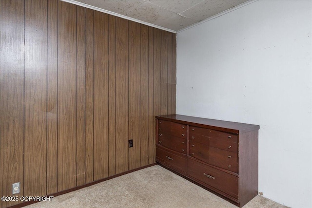 869 Bouton Ct, Fairbanks, AK 99712 - empty room featuring light colored carpet, wood walls, and ornamental molding