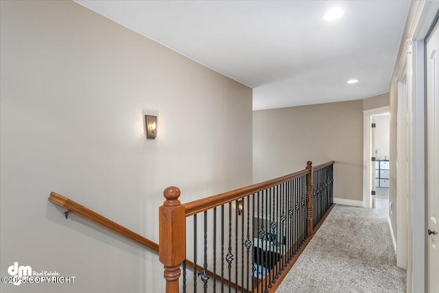 7865 S Settlers Bay Dr, Wasilla, AK 99623 - hall with carpet floors, baseboards, recessed lighting, and an upstairs landing