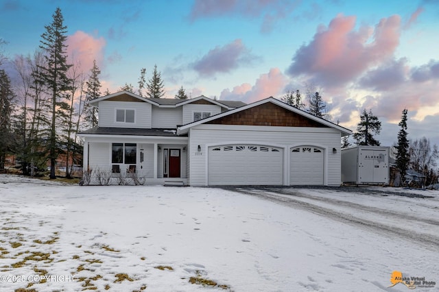 view of front facade featuring a porch, aphalt driveway, roof with shingles, and a garage